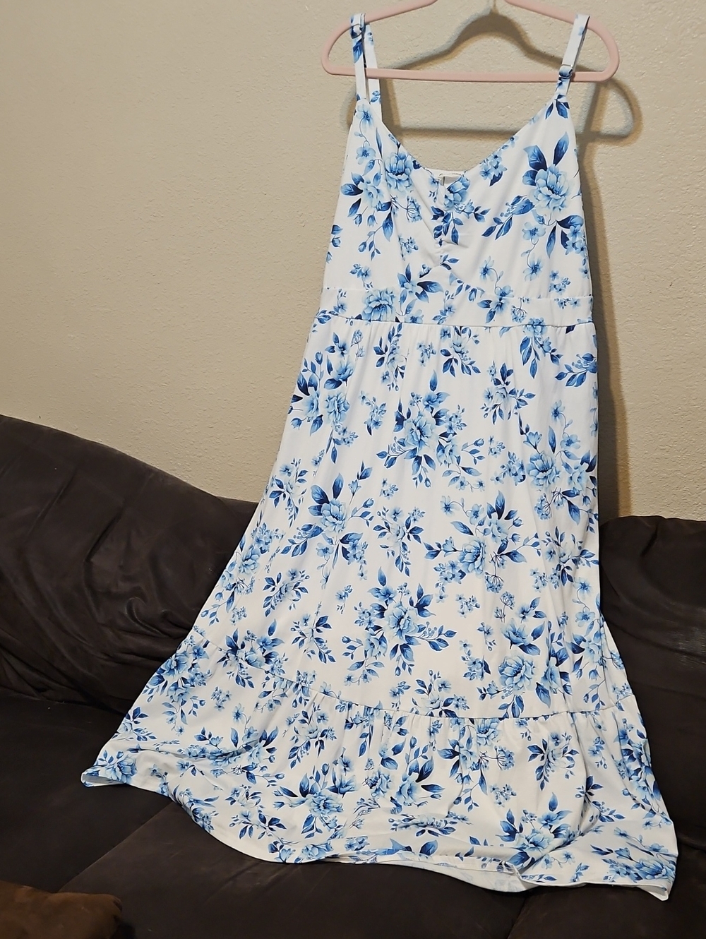 Pinup Couture White Maxi Dress with Blue Floral Pattern